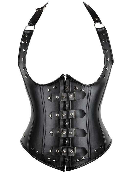 Punk Shapewear PU Leather Halter Underbust Corset