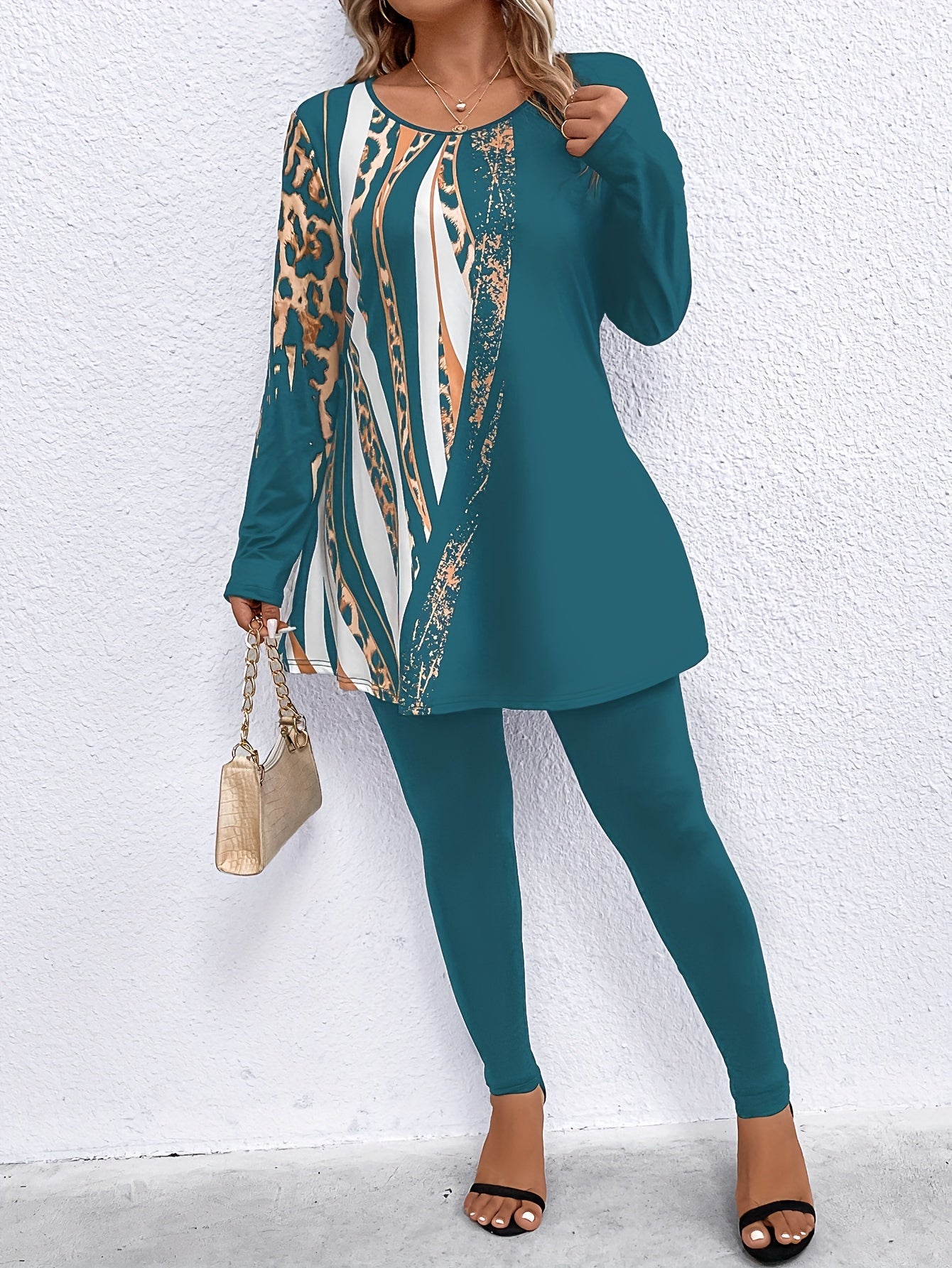 Women's Plus Leopard Print Peplum Top & Leggings Set
