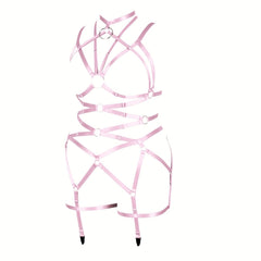 Pink Hollow Out Body Harness Bra Waistband Elastic Sexy