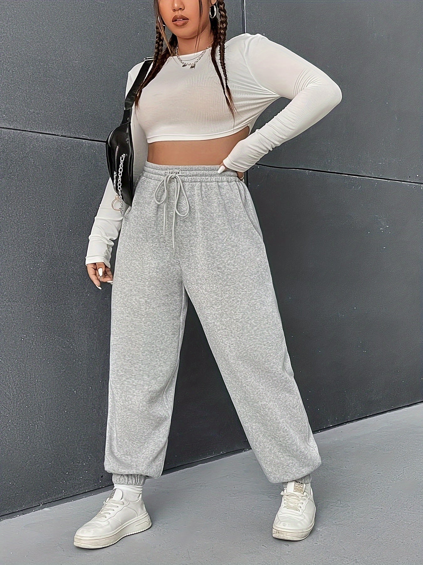  Casual Pants Women's Plus Solid Elastic Drawstring High Rise