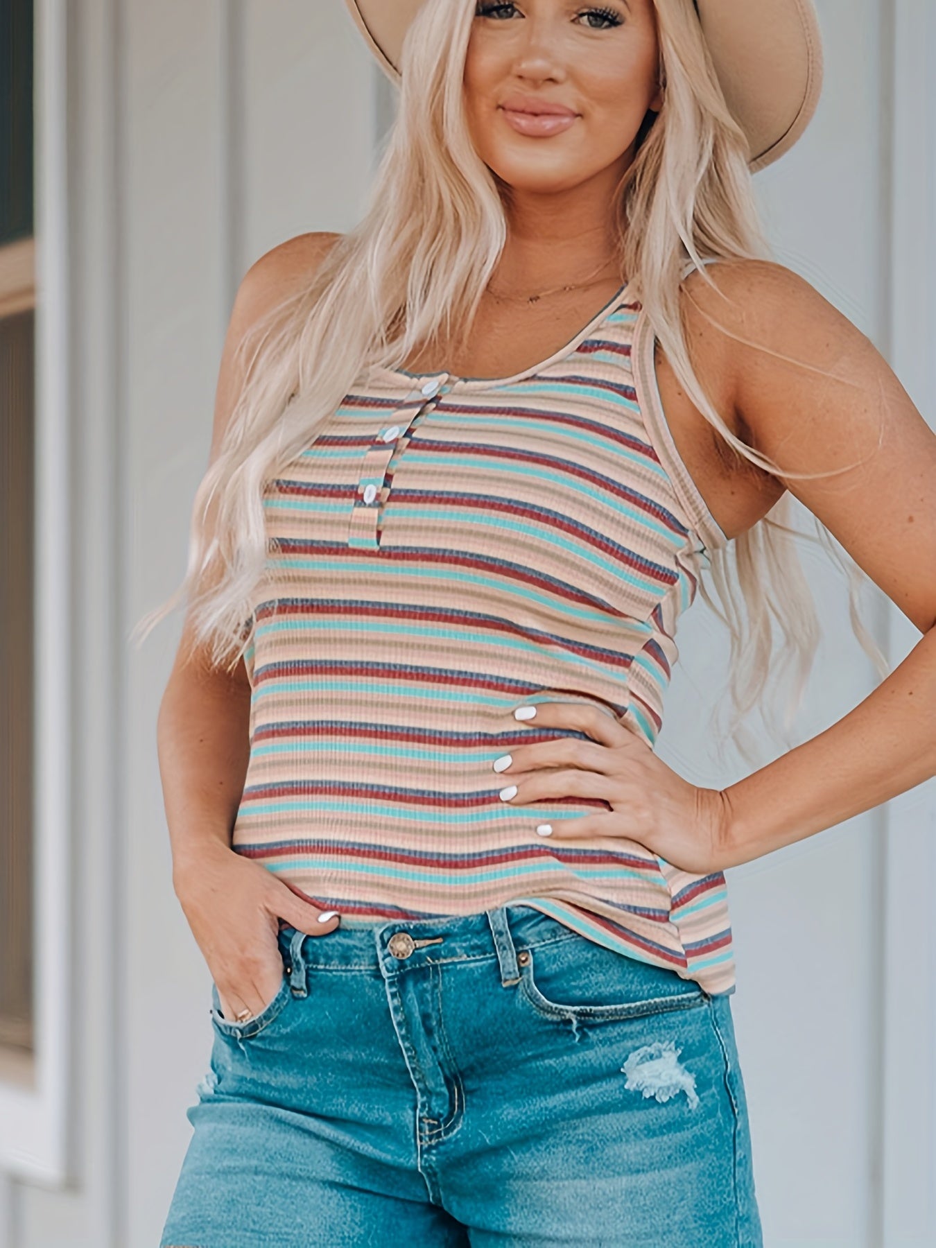 Stripe Print Button Front Tank Top for Women