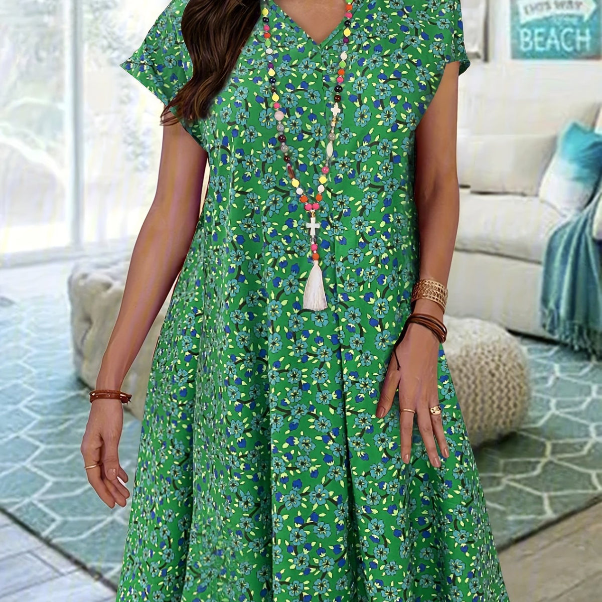  Floral Print V Neck Tee Dress