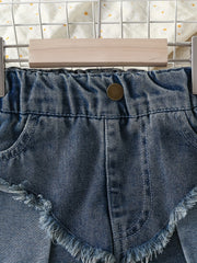 Girls Asymmetrical Denim Shorts with Raw Trim and Pockets