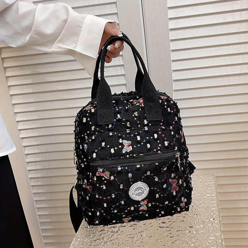 Butterfly Sequins Backpack Women Top Handle Canvas Schoolbag Y2K Daypack