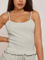 Ribbed Pajama Set Crew Neck Cami Top & Ruffle Shorts