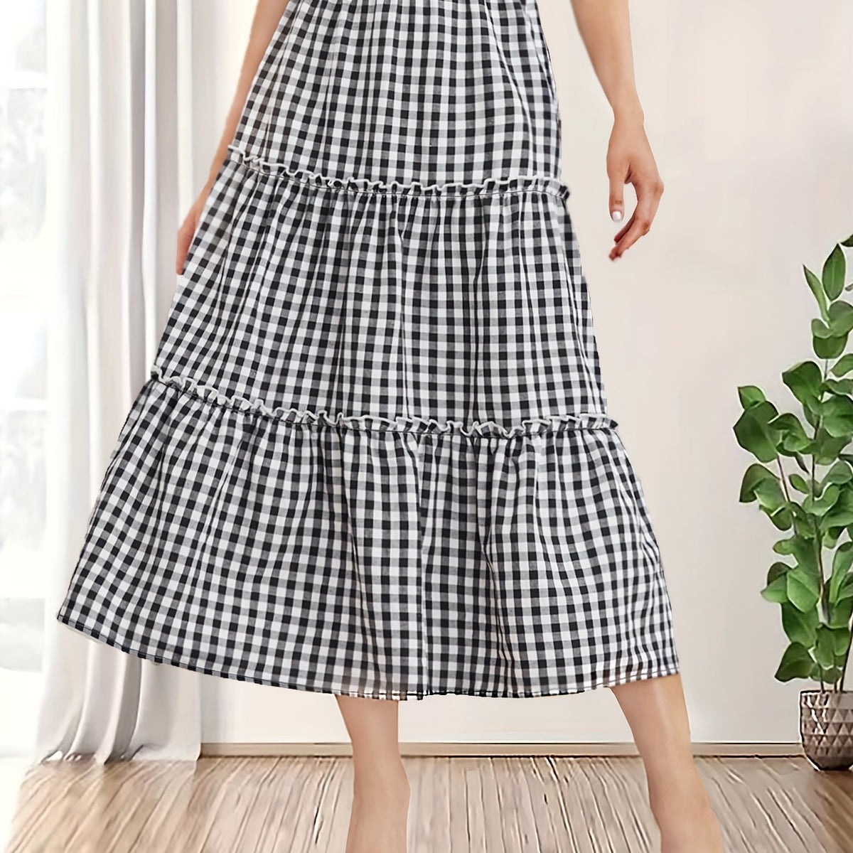 Plaid Print Ruffle Trim Skirt High Waist Casual Skirt
