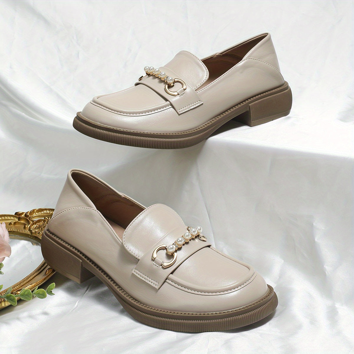 Women's Faux Pearl Loafers Slip On Chunky Shoes