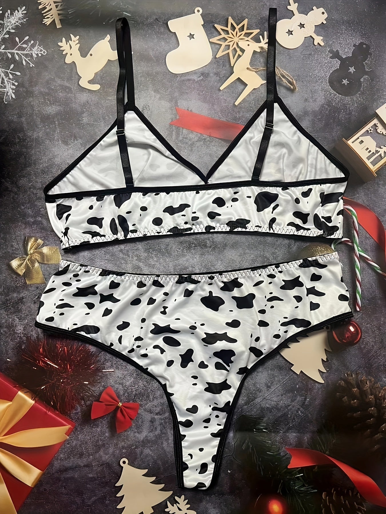  Cow Print V Neck Bra & Panty Lingerie Set