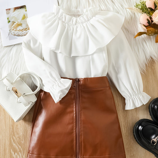 Toddler Girls Winter Skirt Set Ruffle Trim Top & PU Zipper Skirt