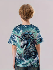 Unicorn Warrior 3D Print Boy's Tee Short Sleeve Comfy T shirt Kids Summer Clothi