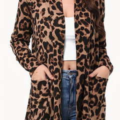  Leopard Print Long Sleeve Open Front Cardigan With Pockets