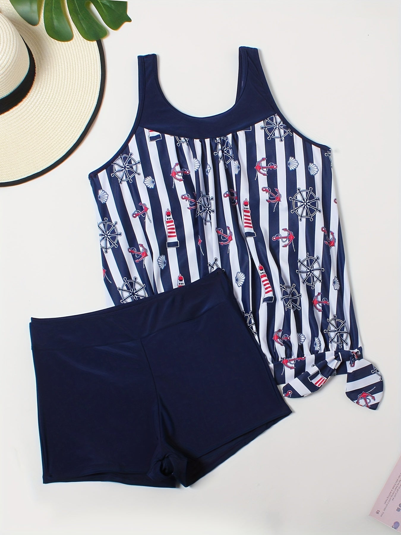  Colorblock Stripe Anchor Print Tank Top & Shorts Swimsuit Set