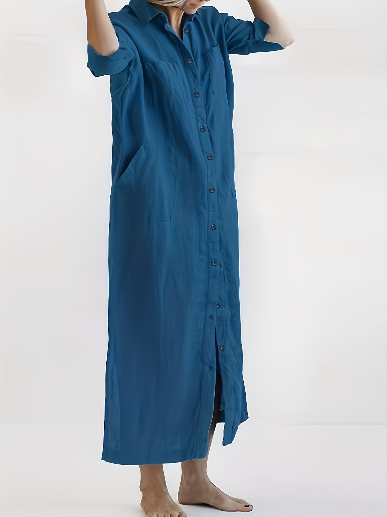  Solid Short Sleeve Collar Shirt Dress