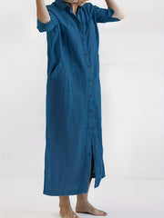  Solid Short Sleeve Collar Shirt Dress
