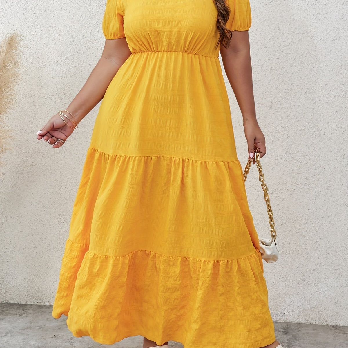  Stripe Print Puff Sleeve Square Neck Smock Dress