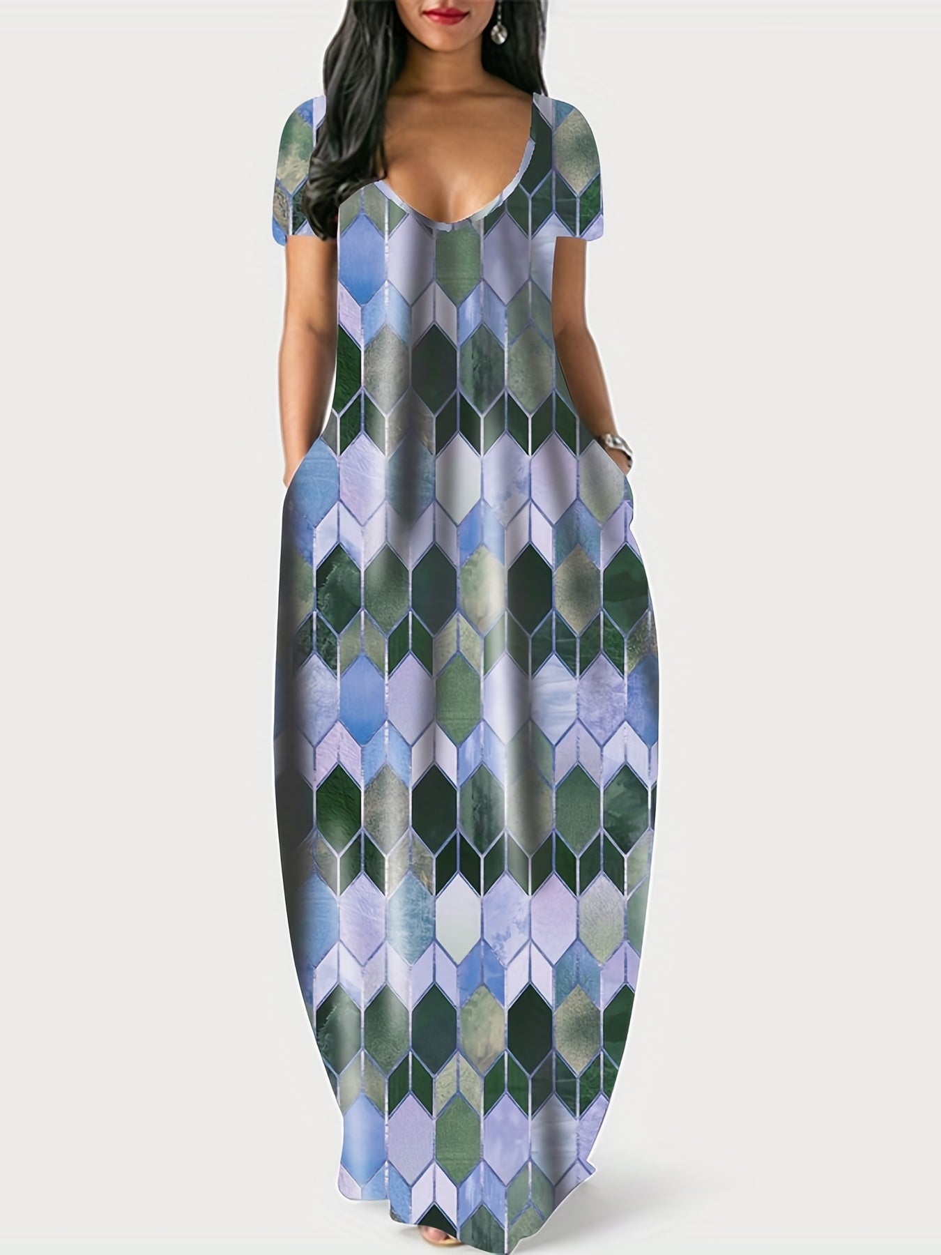  Colorblock Geometric Print V Neck Maxi Dress