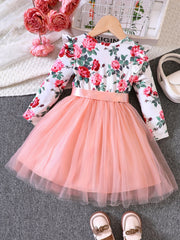 Toddler Girls Flowers Graphic Mesh Princess Dress with Belt
