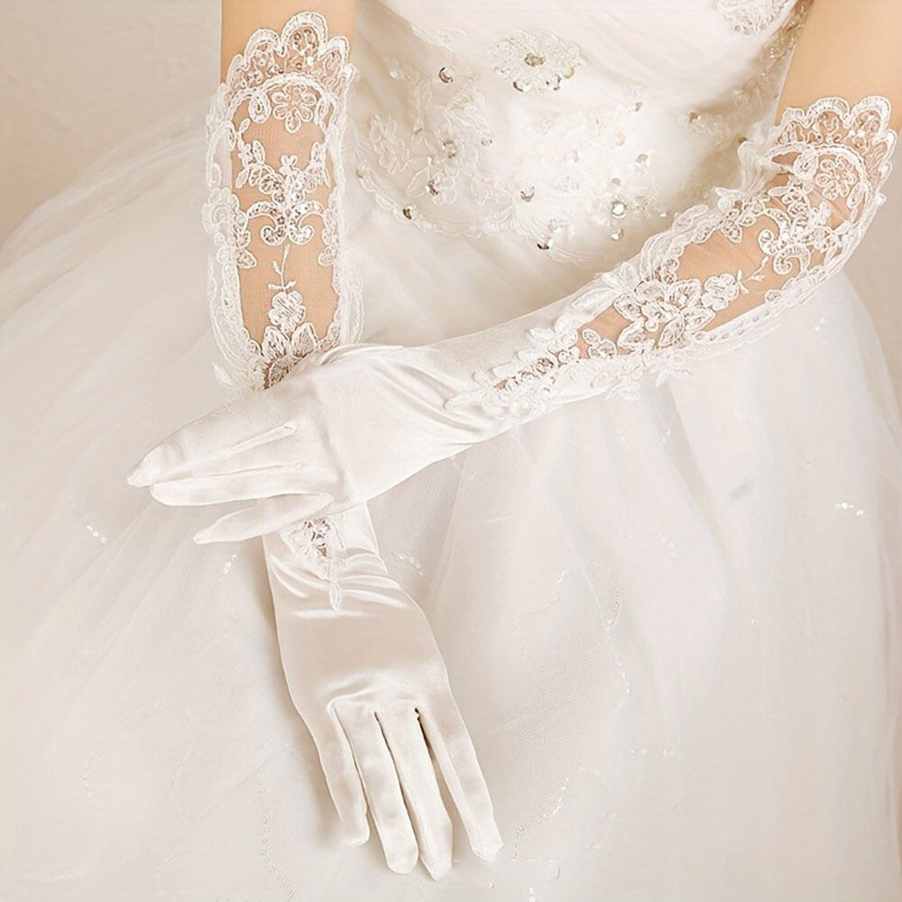 Satin & Lace Long Gloves for Women Formal Party Wedding Prom Gala