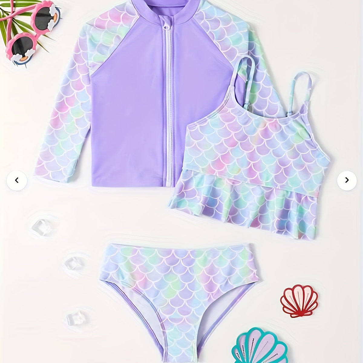 Mermaid Swimsuit Set Quick Drying Zip Front Long Sleeve Cami Top Briefs Kids