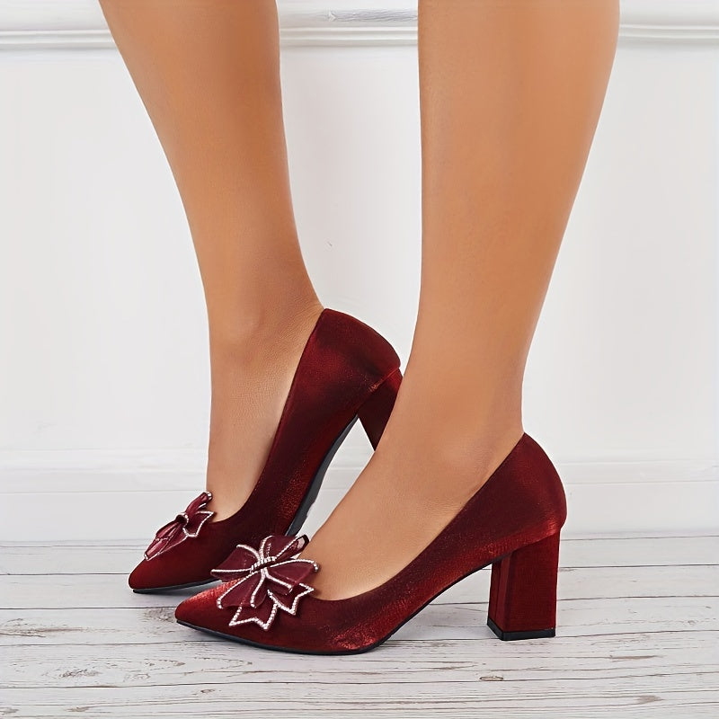 Women's Bowknot High Heels Pointed Toe Velvet Slip On Chunky Heels Wedding Pumps