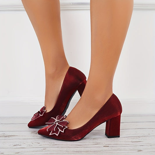 Women's Bowknot High Heels Pointed Toe Velvet Slip On Chunky Heels Wedding Pumps