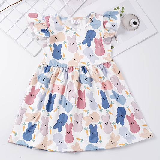 Girls Ruffled Sleeves Crew Neck Easter Bunny Graphic Princess Dress