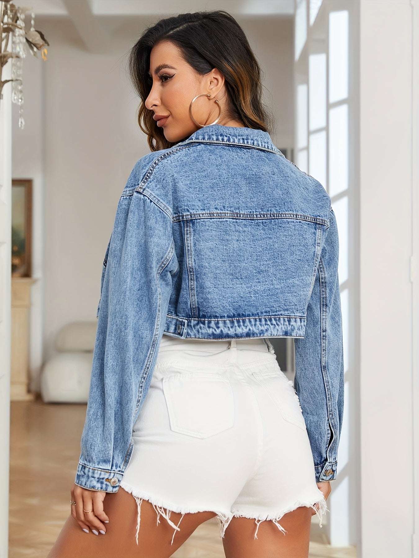 Cropped Denim Coats Single Breasted Button Lapel Jackets