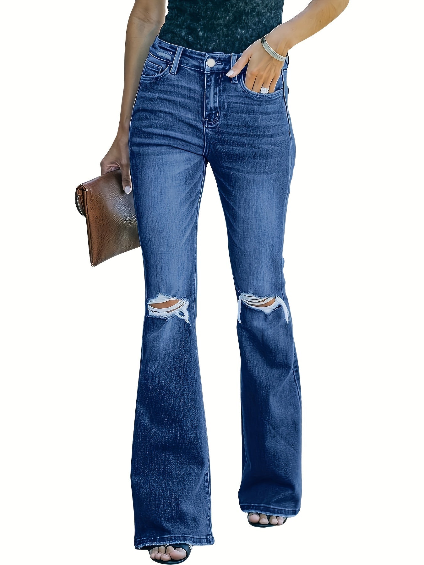  Washed Ripped High Stretch Flared Leg Jeans