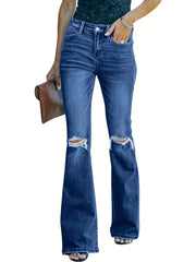  Washed Ripped High Stretch Flared Leg Jeans