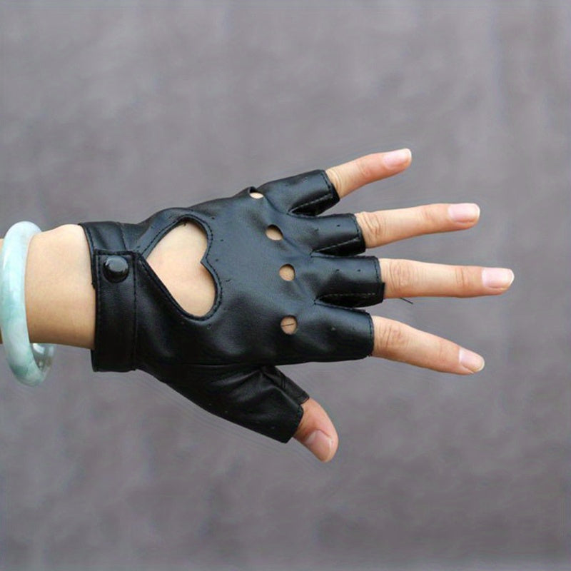 Heart Hollow Punk Gloves PU Leather Solid Hip Hop Fingerless Gloves
