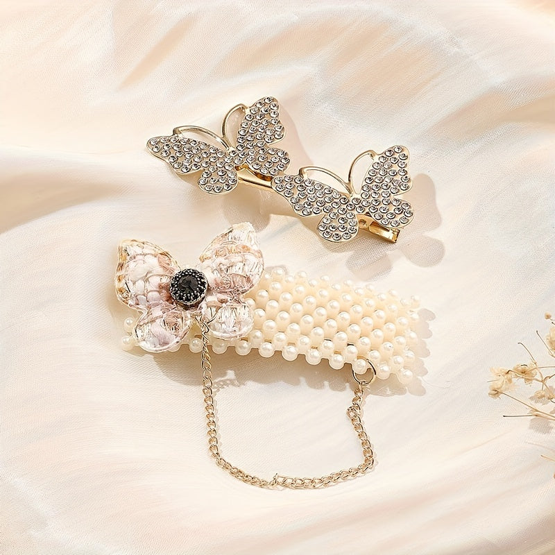 2pcs Butterfly Hair Clip Faux Pearl Duck Billed Clip Metal For Women Girls