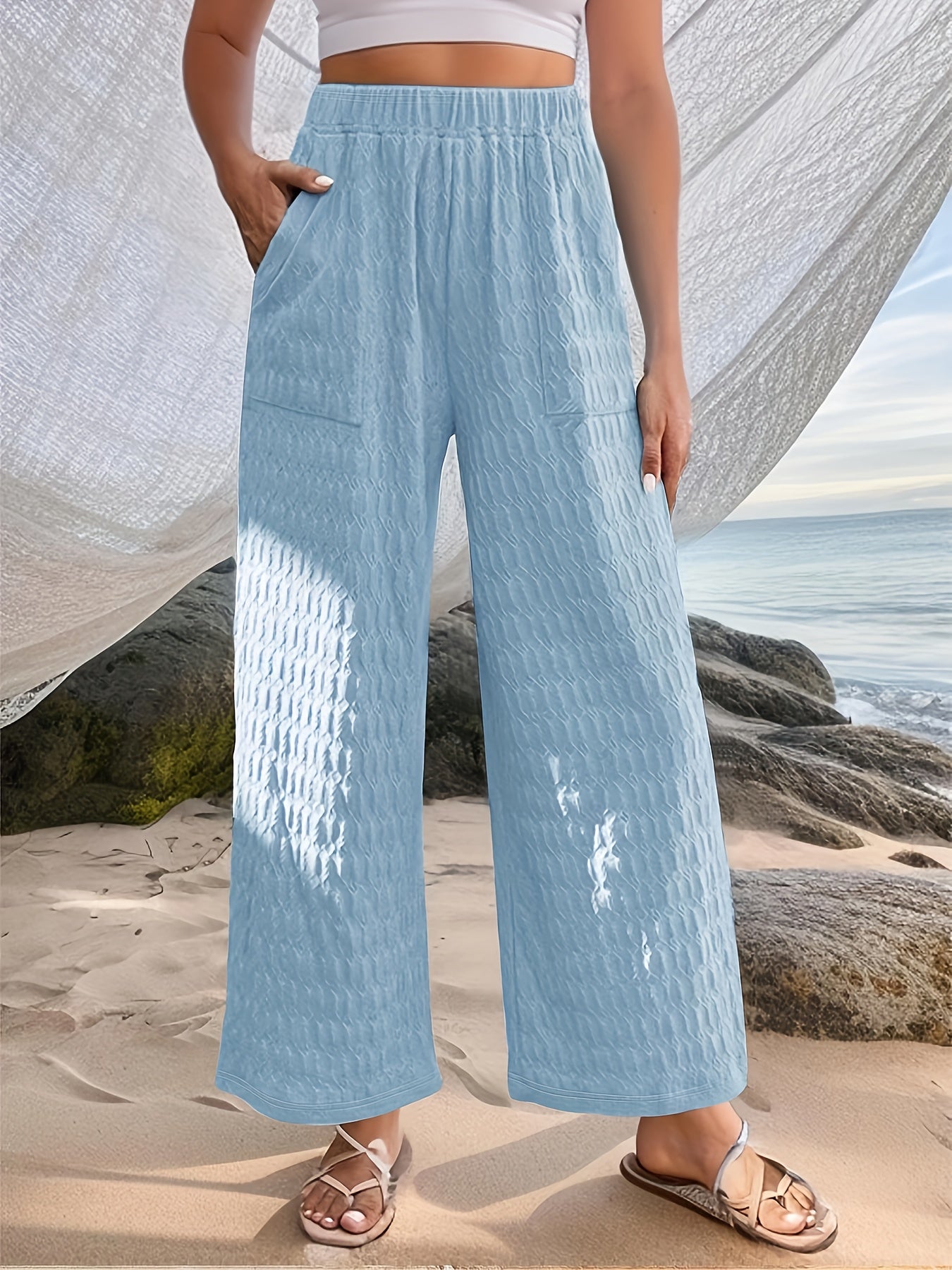  Textured Wide Leg Trousers with Pockets