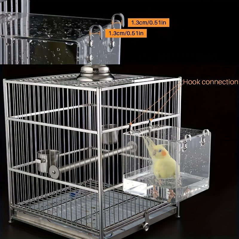 Acrylic Transparent Bird Bath Cage with Hanging Hooks Bird Feeder
