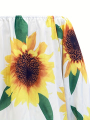  Sunflower Print One Shoulder Bell Sleeve Mini Dress