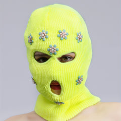 Green Rhinestone Flower Balaclava Y2K Ski Mask