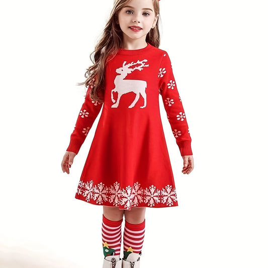 Christmas Deer Jacquard Knitted Dress Long Sleeve Sweater