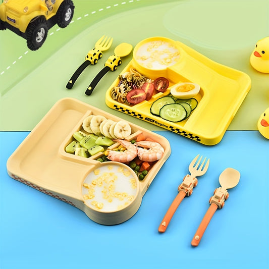 Kids Cartoon Racing Dinner Set - Non-slip Plate, Fork, Spoon, Divided Bowl