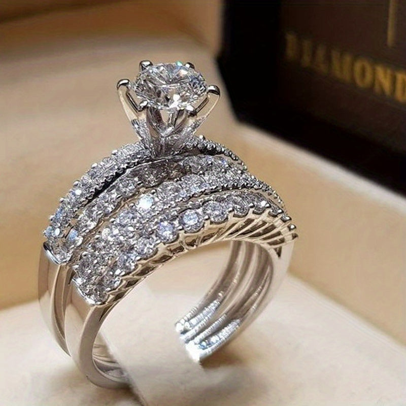 2 Pcs Bridal Wedding Rings 18K Plated 6 Prong Setting Zircon Rings For Women