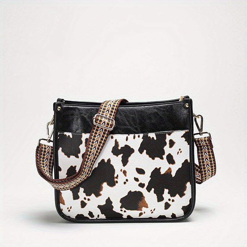 Cow Pattern Shoulder Bag Faux Leather Crossbody Bag with Vintage Strap