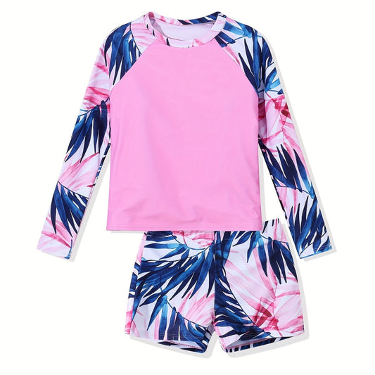 Tropical Plants 2pc Long Sleeve Swimsuit Set for Girls