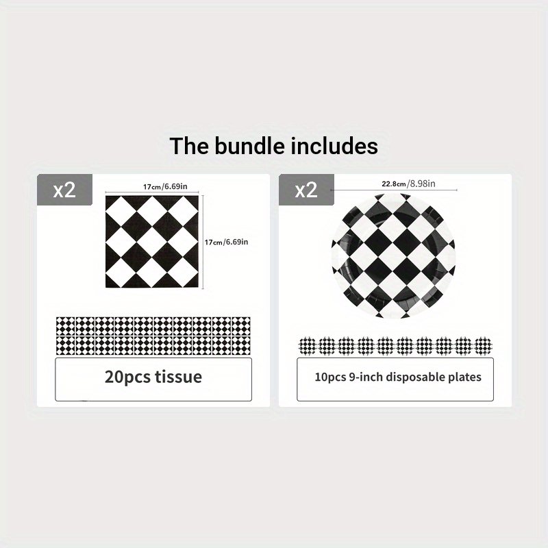 Checkered Party Supplies Disposable Plates, Tissues, Tablecloths, Gift Bags
