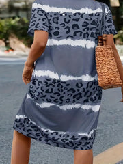  Colorblock Stripe & Leopard Print V Neck Midi Dress