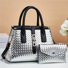 Metallic Woven Tote Bag Set with Clutch Purse for Women