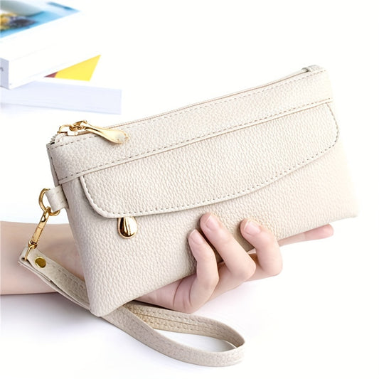 Soft PU Leather Clutch Handbag Zipper Closure Wristlet Strap