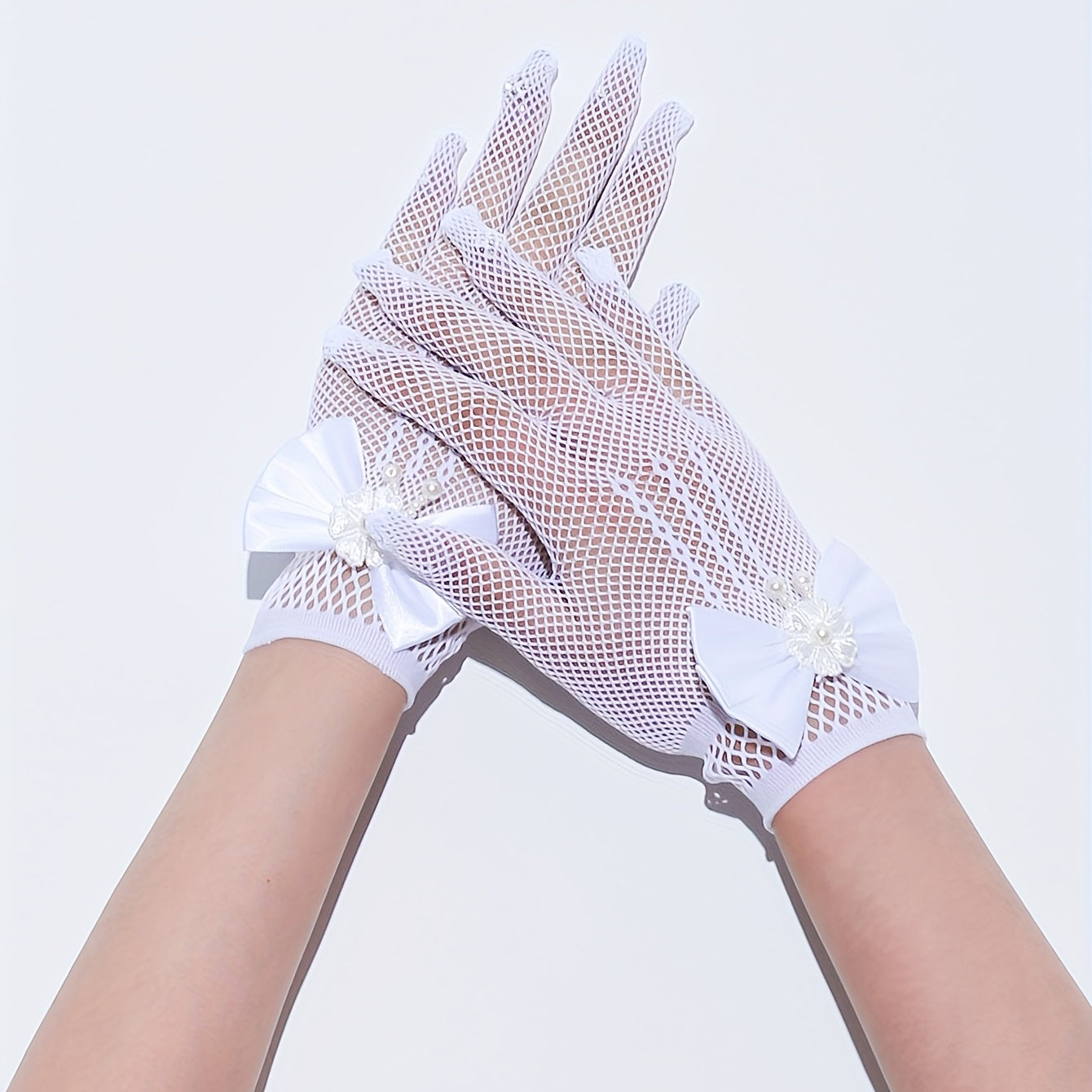 Bowknot Hollow Mesh Gloves Faux Pearl Decor Wedding Bridal Dress Gloves