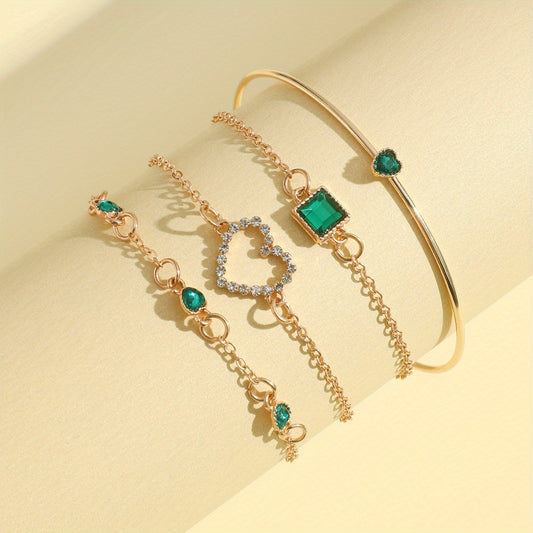 4 Pcs Hollow Chain Bracelet Set Heart Shape Gems Bangle Adjustable Jewelry