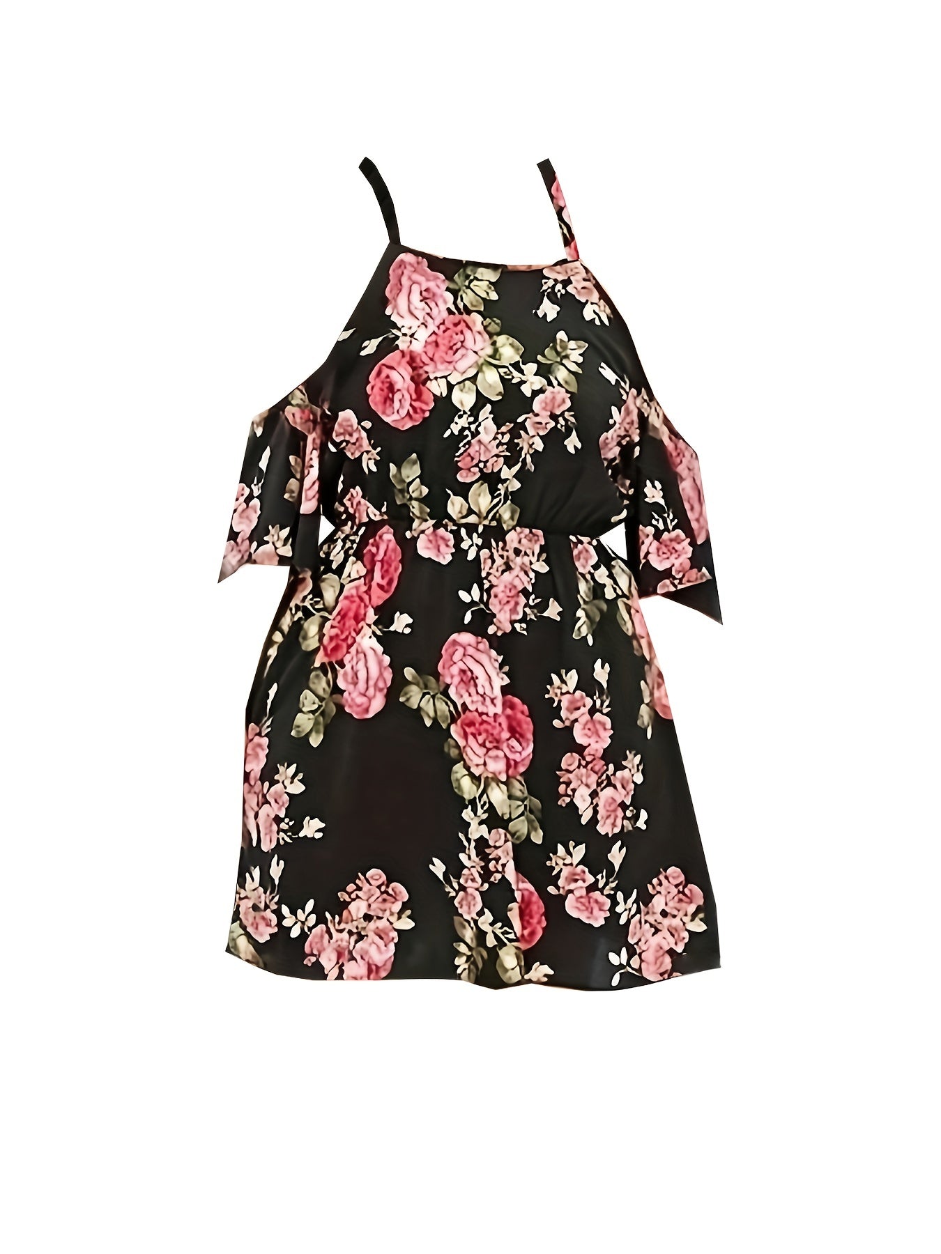  Tropical Print Cold Shoulder Round Neck Mini Dress