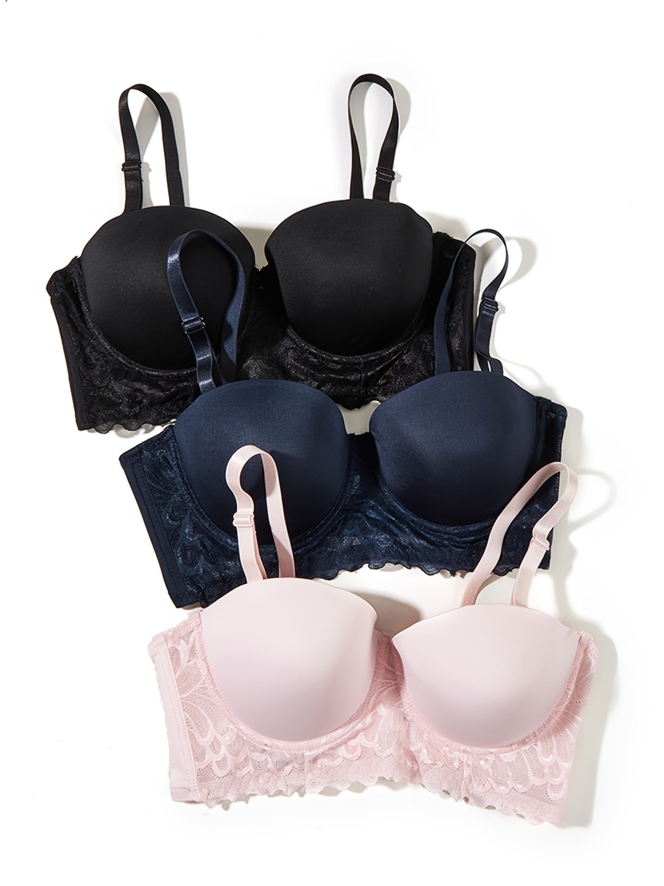 3 Pack Plus Size Lace Push Up Bra Set Plus Slight Stretch Nylon 3pcs Set