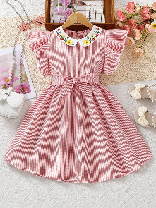 Striped Flounce Sleeve Casual Tunic Dress for Youth Girls