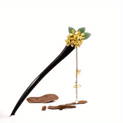 Chinese Style Flower Wooden Hair Stick with Faux Pearl Pendant